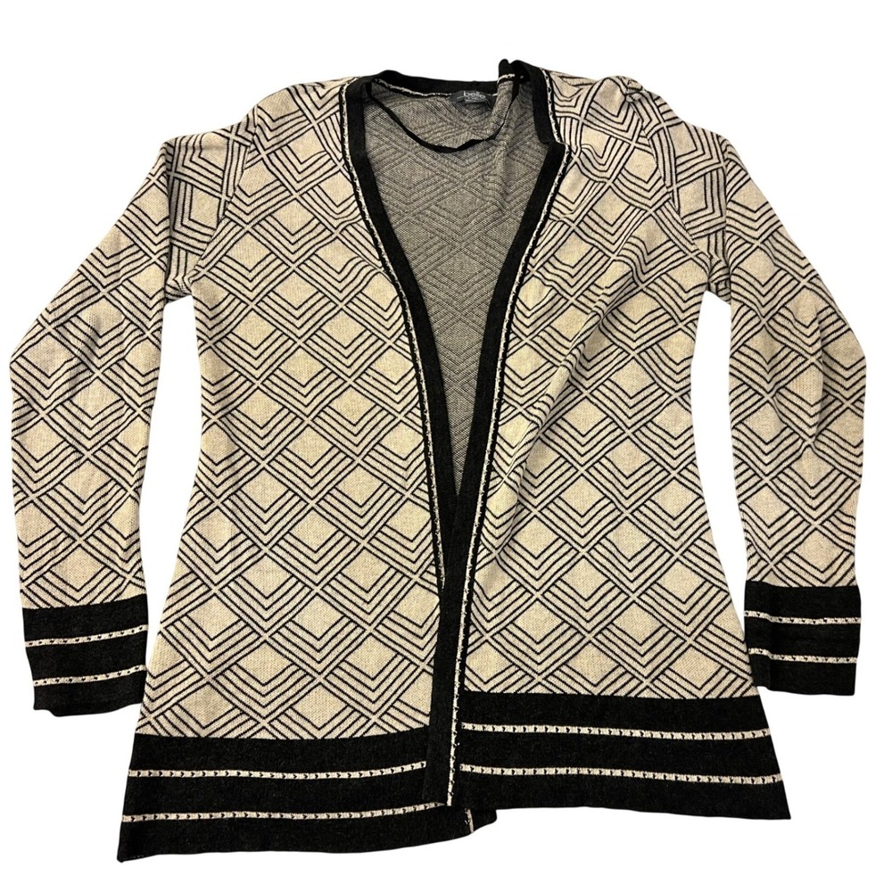 Belle by Belldini Black Cream Geometric Diamond Open Front Cardigan Size M